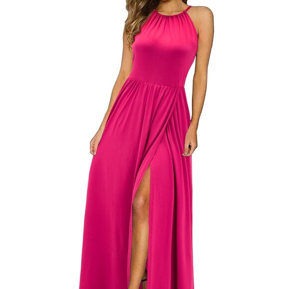 KILIG Women's Pink Maxi Dress Halter Neck Sexy Split Long Wedding Guest DRess - Picture 1 of 6